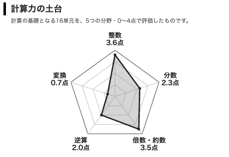 計算力の土台の五角形グラフ（整数・分数・倍数約数・逆算・変換）